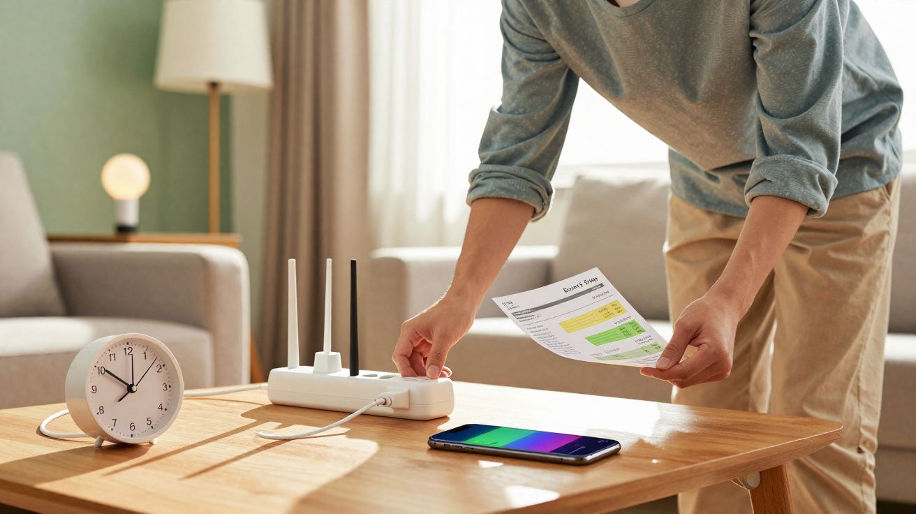 Homem a desligar uma régua de tomadas com uma conta na mão e telemóvel numa mesa de madeira.