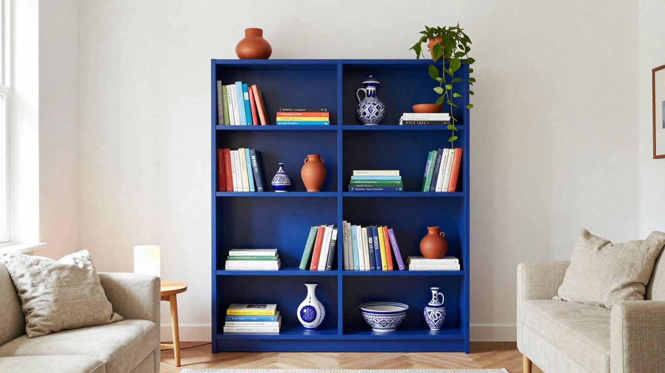 Estante azul com livros, jarros e planta entre dois sofás bege numa sala iluminada.