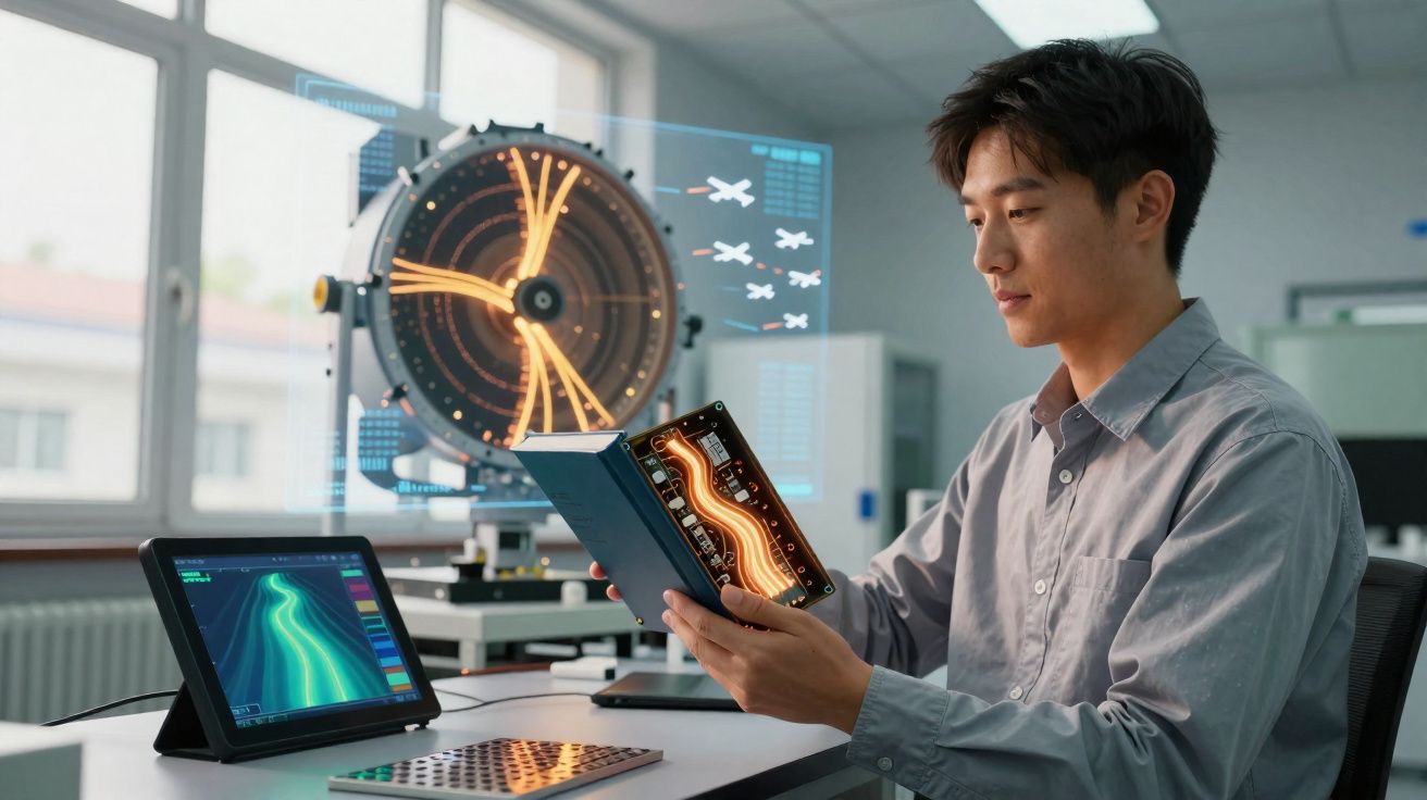 Homem asiático analisa holograma tecnológico no laboratório com dispositivos digitais modernos.