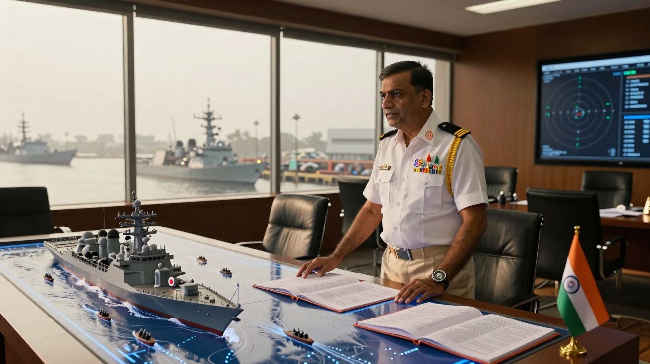 Homem fardado em escritório naval com maquete de navio de guerra e bandeira da Índia na mesa.