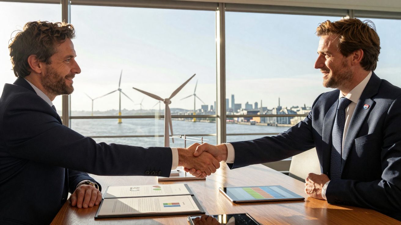 Dois homens de fato apertam as mãos numa mesa de reunião com documentos, com turbinas eólicas e cidade ao fundo.