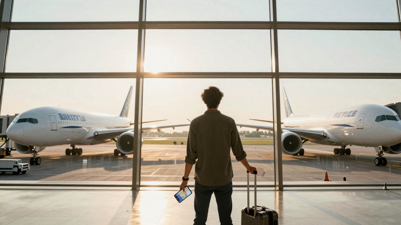 Homem com mala de viagem observa dois aviões estacionados através da janela do aeroporto ao pôr do sol.