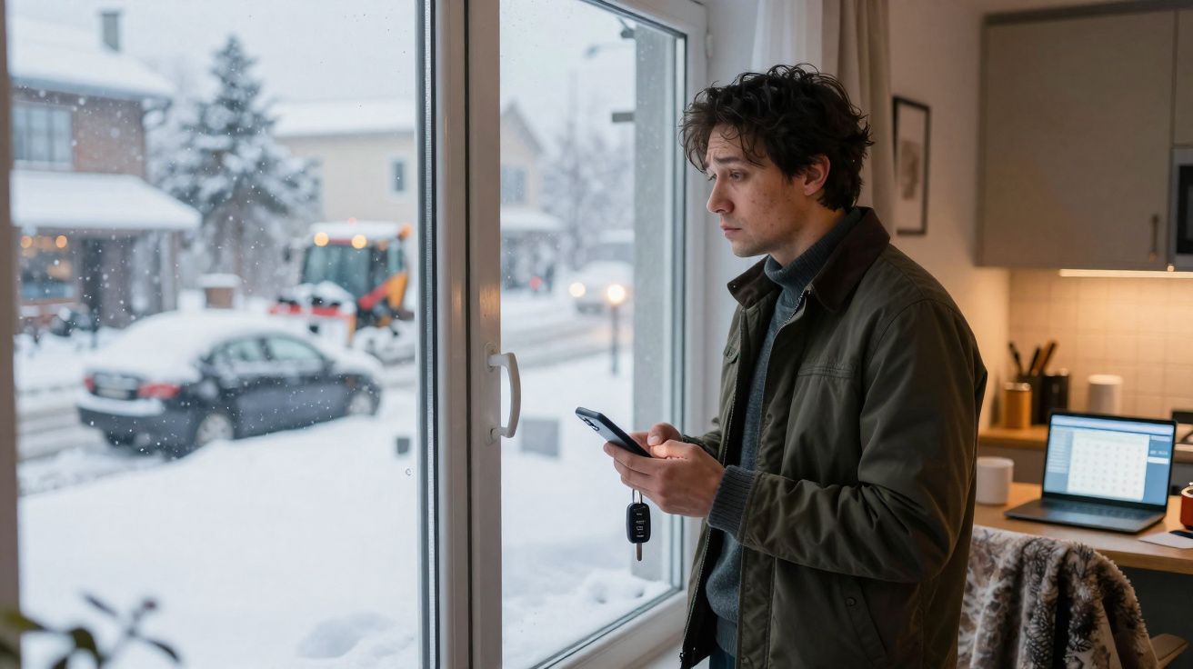 Homem de casaco verde a olhar para a neve através da janela, segurando telemóvel e chaves na mão.