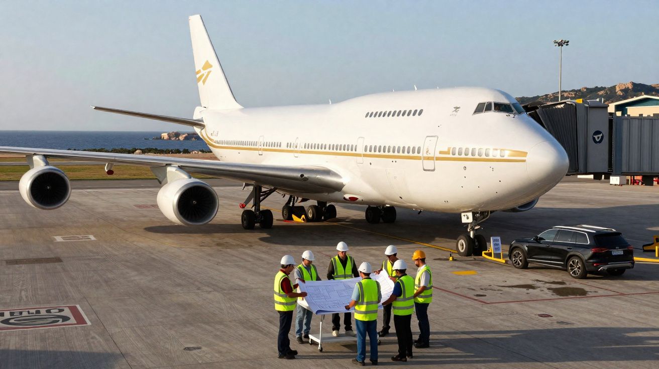 Grupo de trabalhadores em coletes refletivos e capacetes reunidos perto de avião branco estacionado no aeroporto.