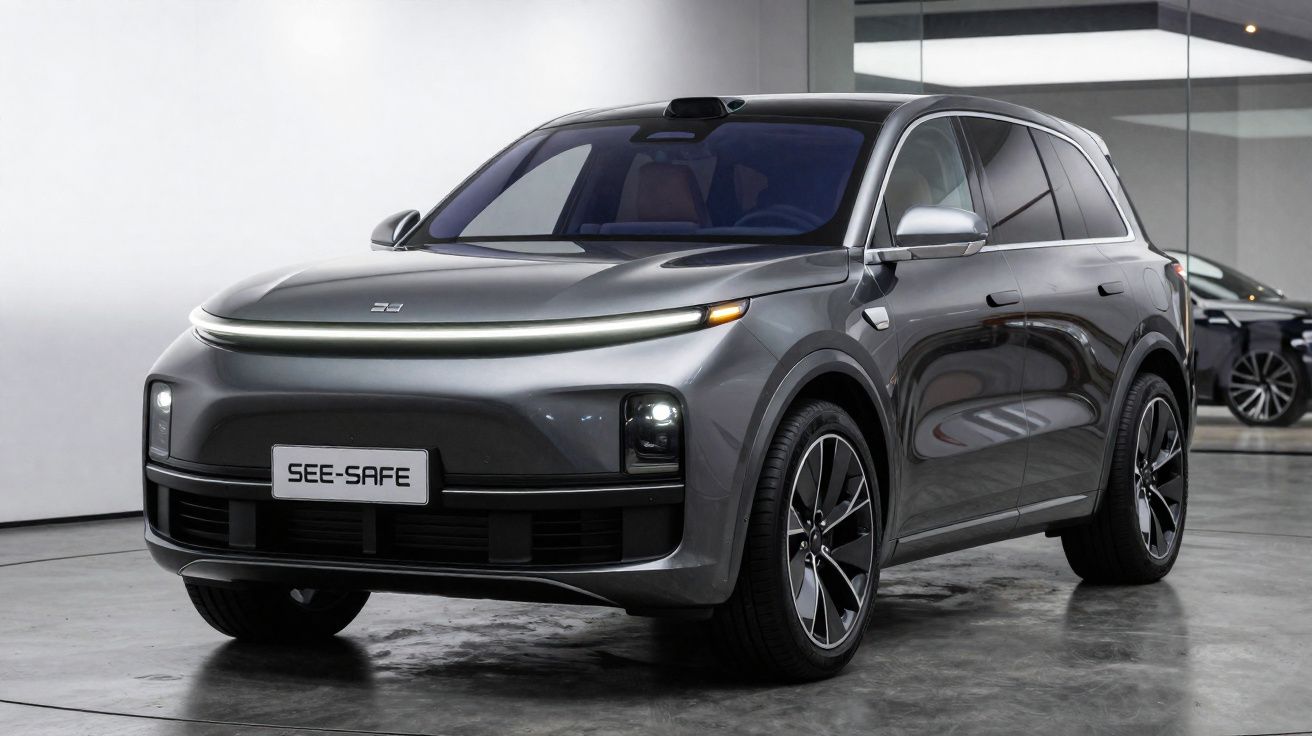 Veículo elétrico SUV cinza moderno estacionado em espaço interior minimalista e bem iluminado.