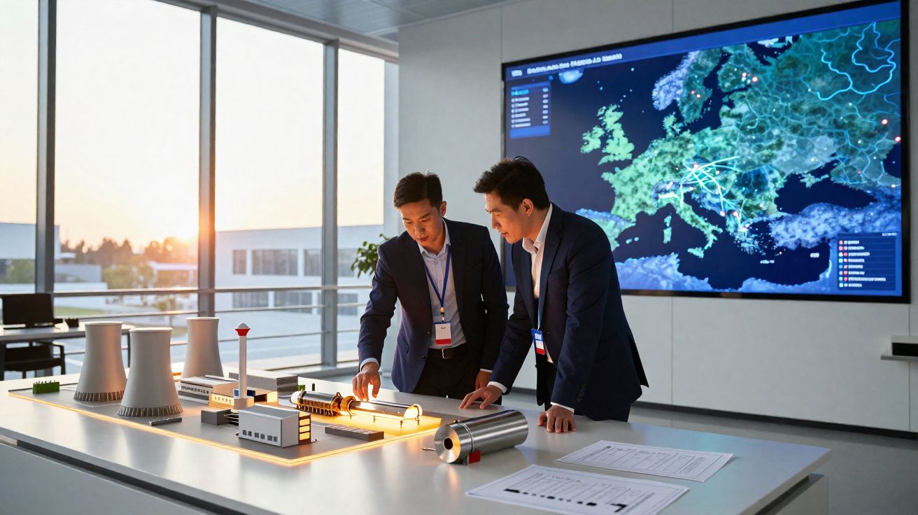 Dois homens de negócios analisam modelo de instalação industrial num escritório moderno com mapa digital da Europa.