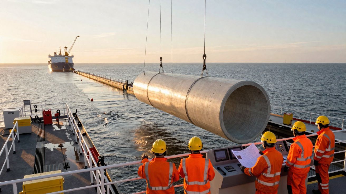 Cinco trabalhadores em colete laranja e capacete amarelo observam tubo gigante suspenso sobre o mar junto a navio.