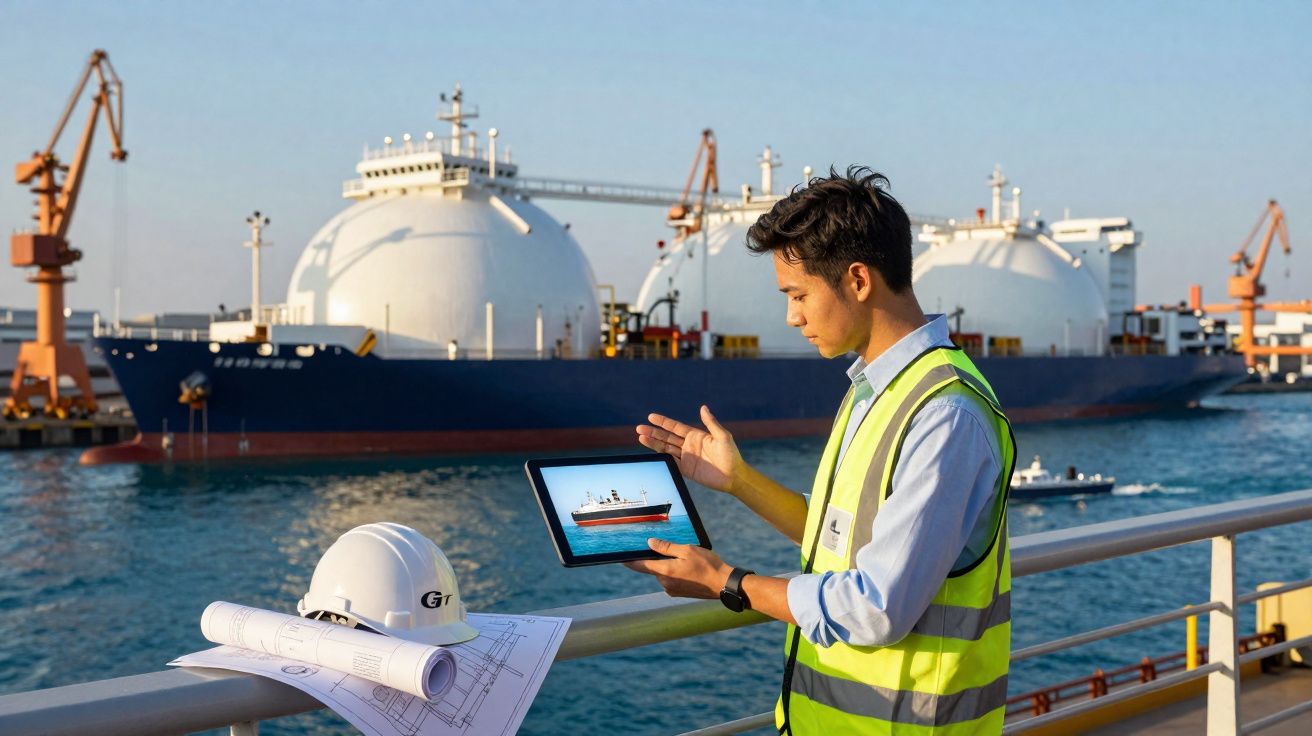 Engenheiro em colete refletor analisa projeto num tablet junto a navio de transporte de gás num porto industrial.