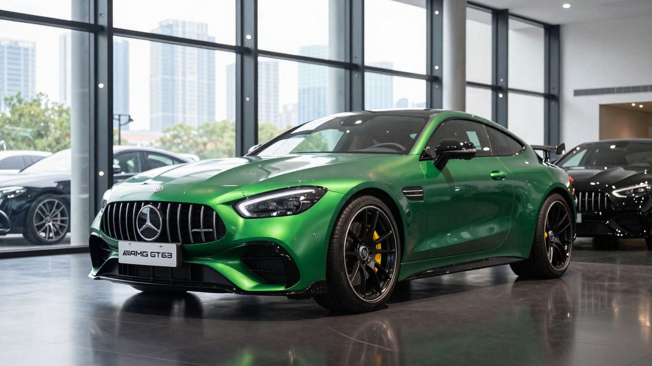 Carro desportivo Mercedes AMG GT 63 verde metálico em exposição numa sala com janelas grandes.