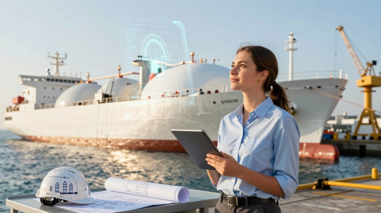 Mulher com prancha digital, capacete e plantas junto a um navio de transporte de gás num cais.