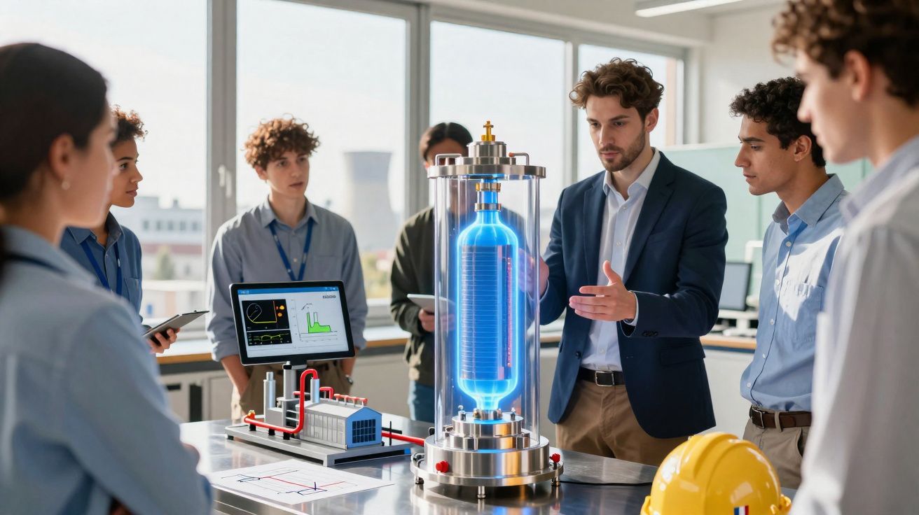 Grupo de jovens a observar e discutir um projeto tecnológico num laboratório moderno e iluminado.