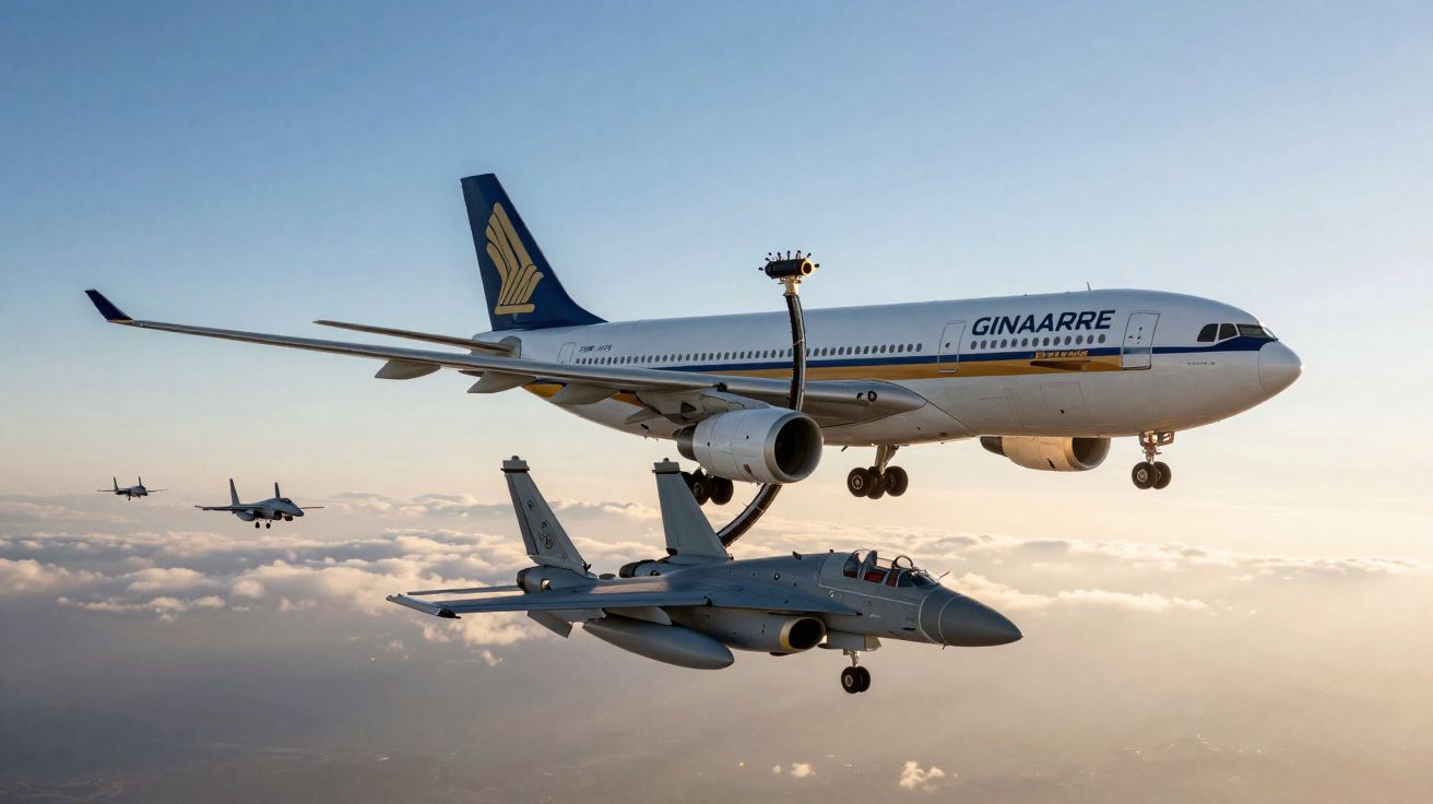 Avião comercial em voo de reabastecimento com avião militar no céu durante o pôr do sol.