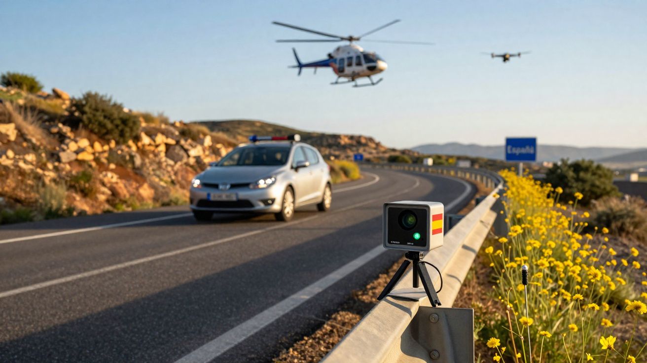 Radar de velocidade numa estrada com carro de polícia, helicóptero e drone a monitorizar o trânsito.