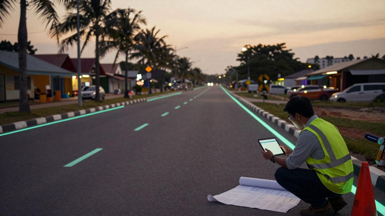 Homem com colete refletor a examinar planta e usar tablet numa estrada vazia ao anoitecer.