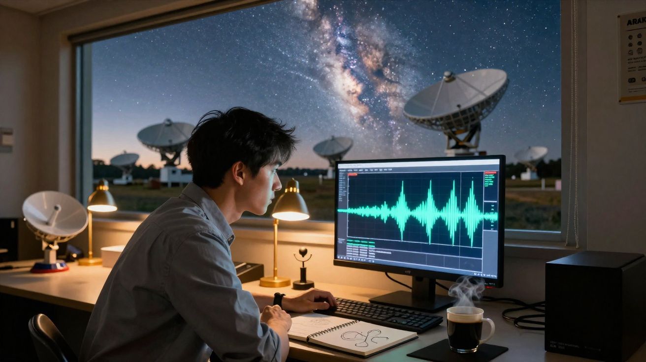 Homem a analisar sinais num computador com várias antenas parabólicas e o céu estrelado ao fundo.
