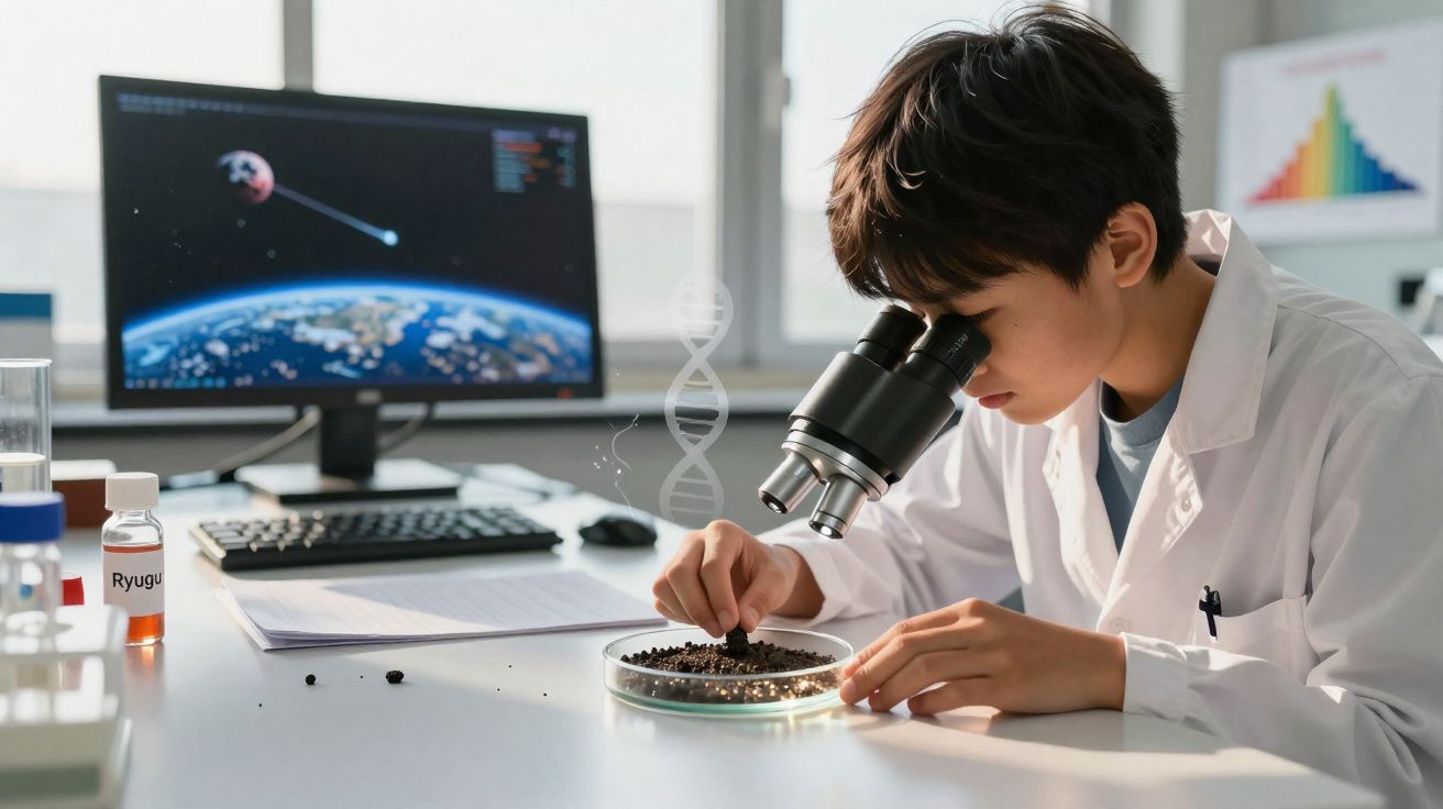 Criança cientista observa amostras em placa de Petri com microscópio, laboratório com computador ao fundo.