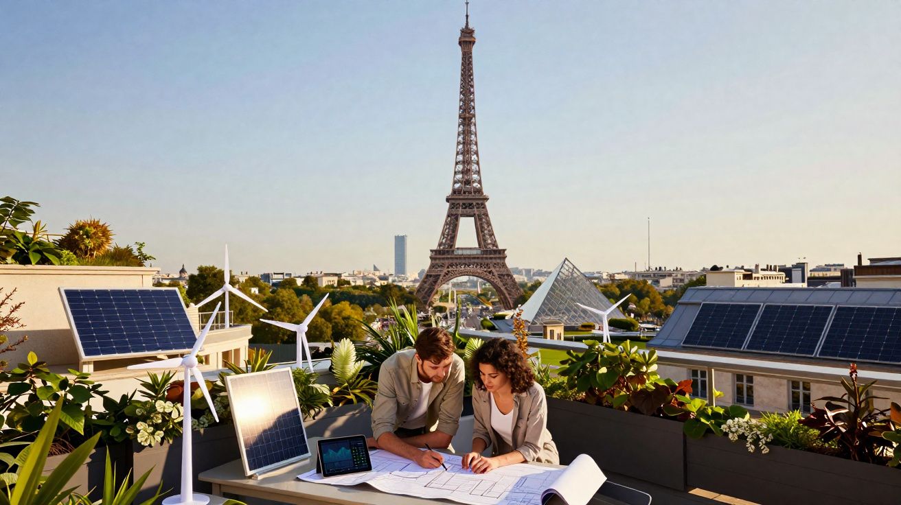 Duas pessoas analisam planos num terraço com painéis solares e turbinas eólicas, com a Torre Eiffel ao fundo.