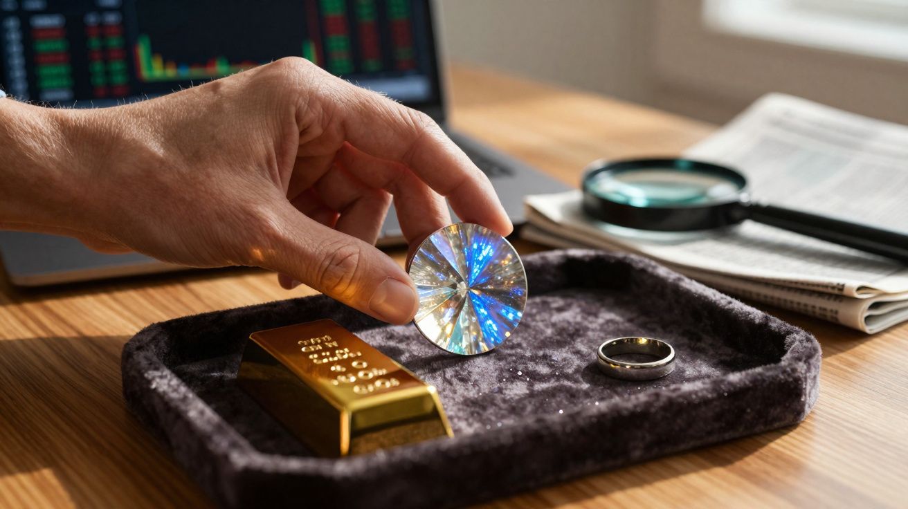 Mão a segurar um diamante grande, barra de ouro e anel sobre bandeja, com jornal e lupa no fundo.
