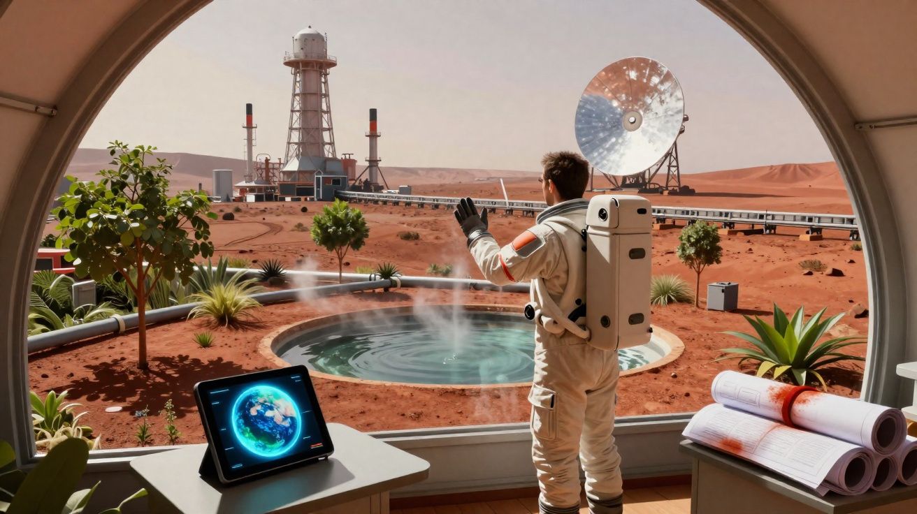 Astronauta observa uma colónia em Marte com vegetação, piscina de água e antena parabólica.