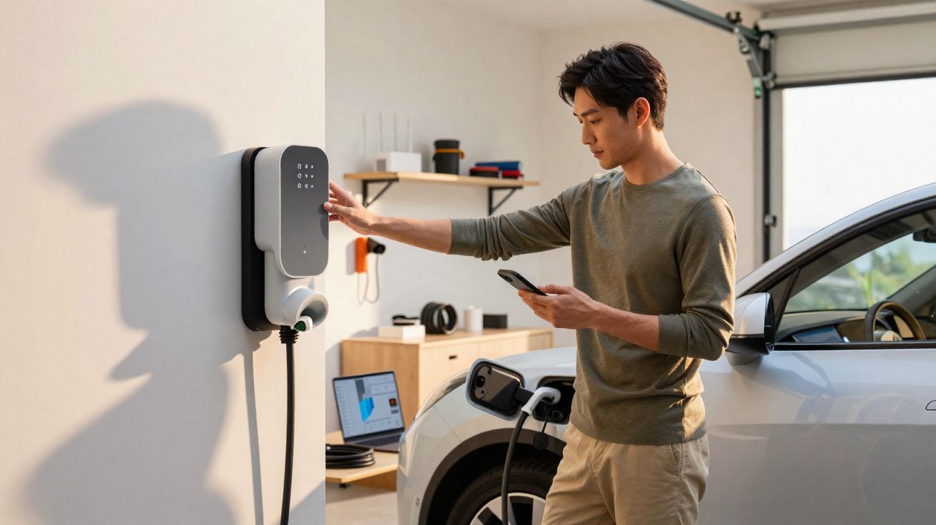Homem a usar carregador de carro elétrico numa garagem, segurando telemóvel com um carro branco ao fundo.