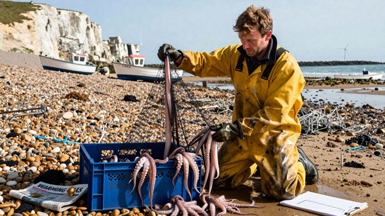 Pescador em fato amarelo recolhe polvos numa rede numa praia pedregulhada com barcos e falésias ao fundo.