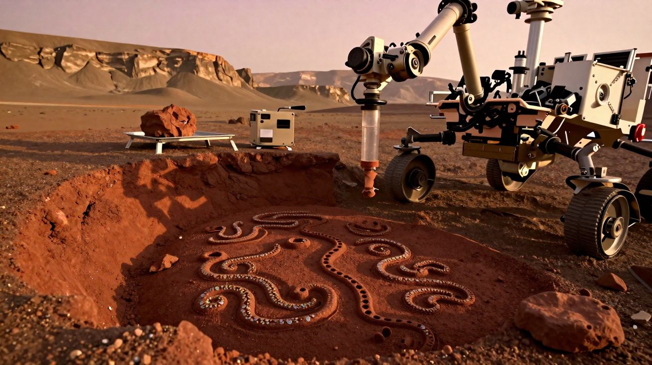 Rover a explorar uma escavação circular com padrões serpenteantes no solo vermelho de paisagem marciana.