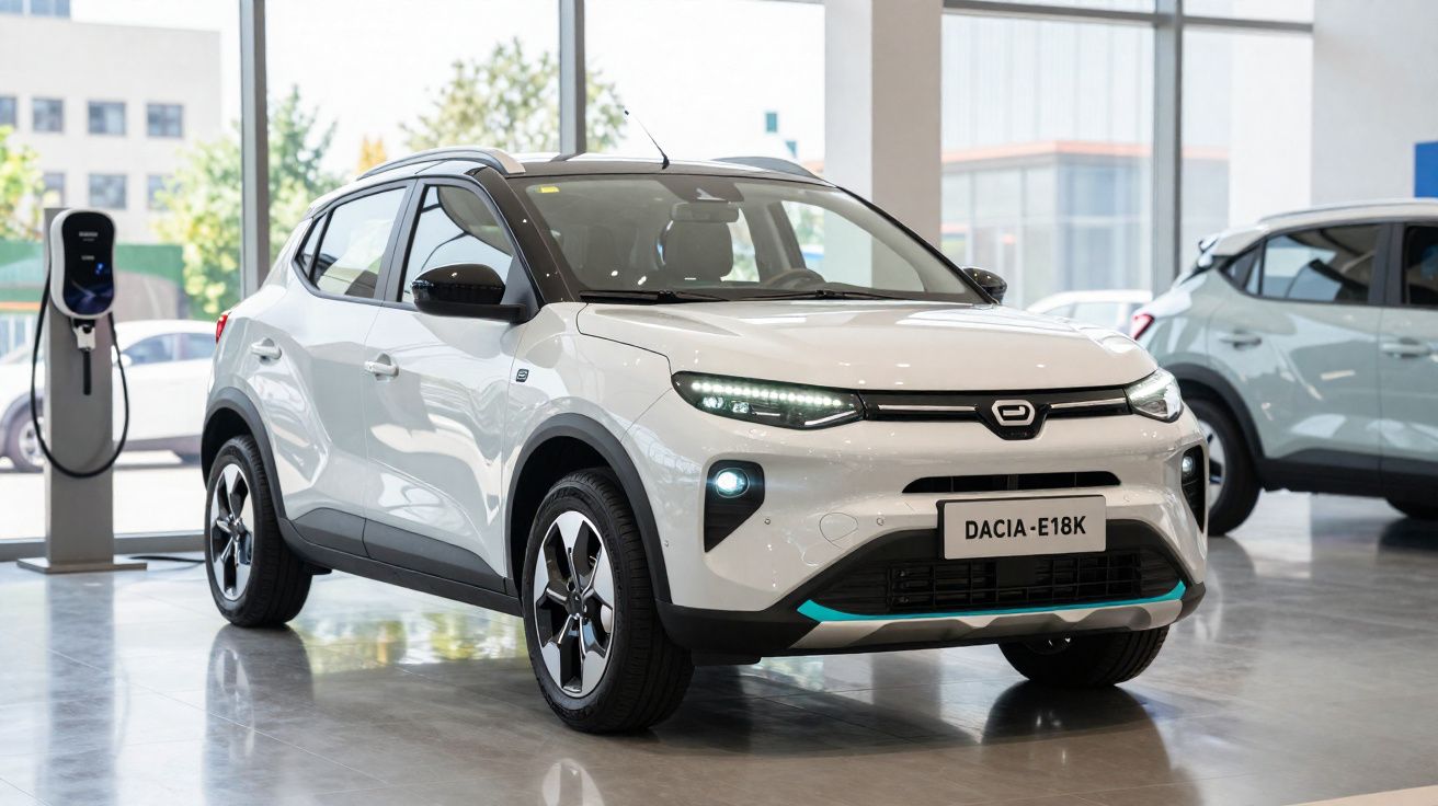 Automóvel elétrico branco Dacia E18K exposto em salão com posto de carregamento ao lado.