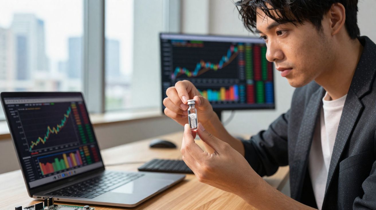 Homem sentado num escritório a analisar frasco com remédio, com gráficos financeiros em ecrãs ao fundo.