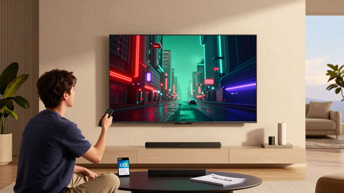 Homem sentado no chão a controlar televisão com telemóvel numa sala moderna e minimalista.