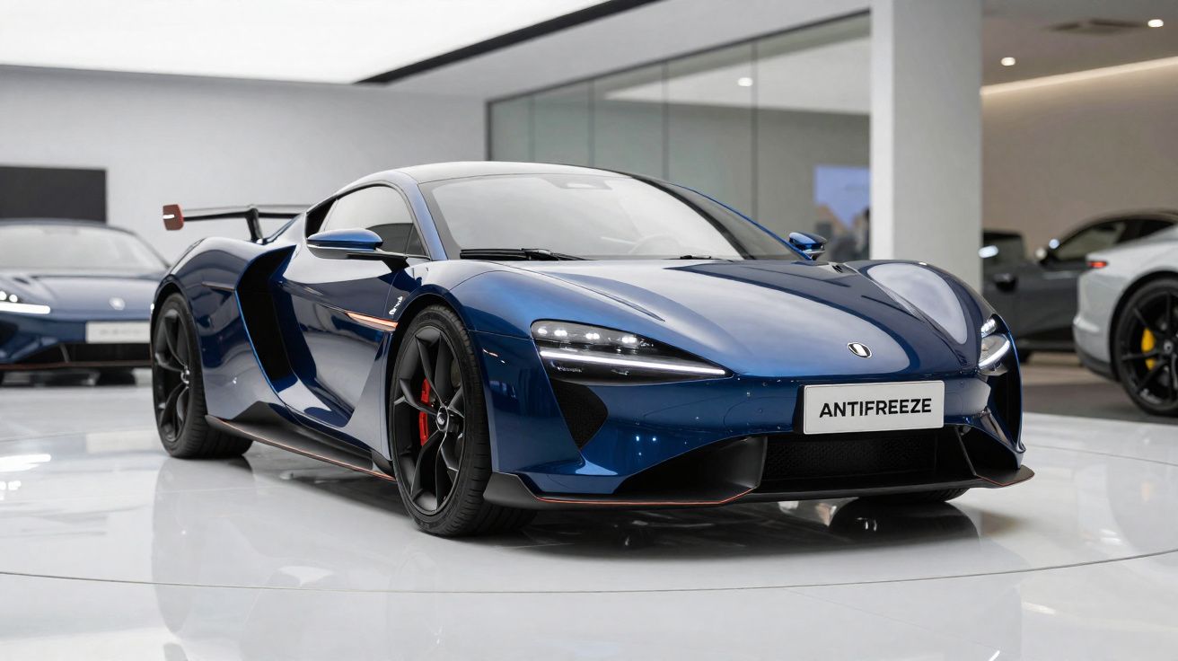 Carro desportivo azul metálico estacionado em sala de exposições moderna e minimalista.