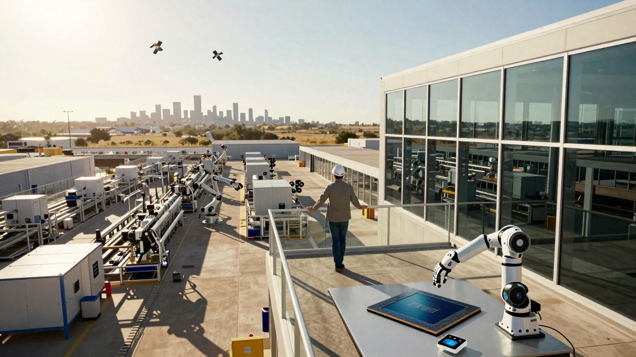Homem com capacete em varanda industrial com robôs e cidade ao fundo, ao nascer do sol.