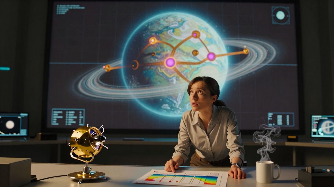 Mulher em laboratório com gráficos e modelo planetário digital atrás, focada em dados científicos.