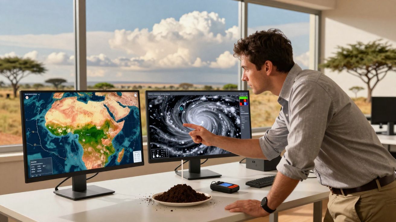 Homem analisa dados climáticos em dois ecrãs, com terra num prato na mesa, em escritório com vista para savana.