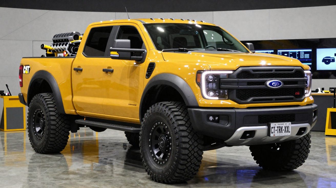 Pick-up Ford F-150 Raptor amarela, preparada para todo-o-terreno, em exposição interior.