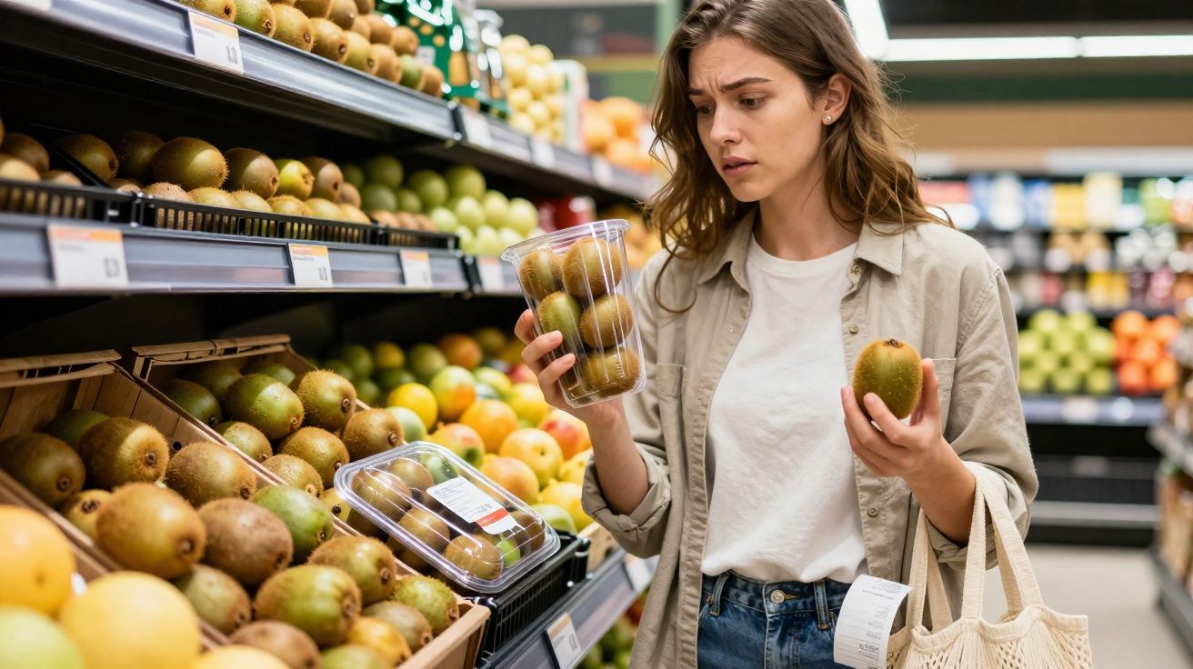 Mulher em supermercado segura caixa e kiwi a olhar pensativa para a fruta na prateleira.