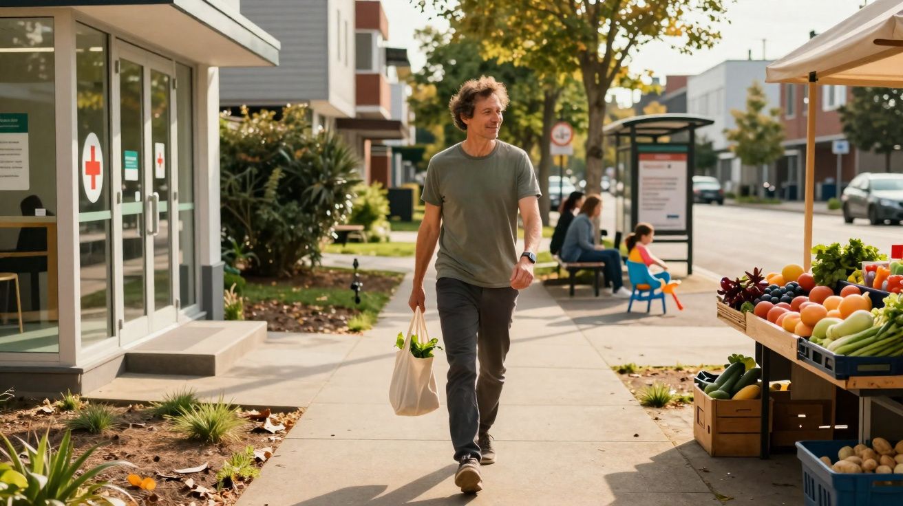 Homem a caminhar com saco reutilizável cheio de legumes numa rua com banca de frutas e vegetais.