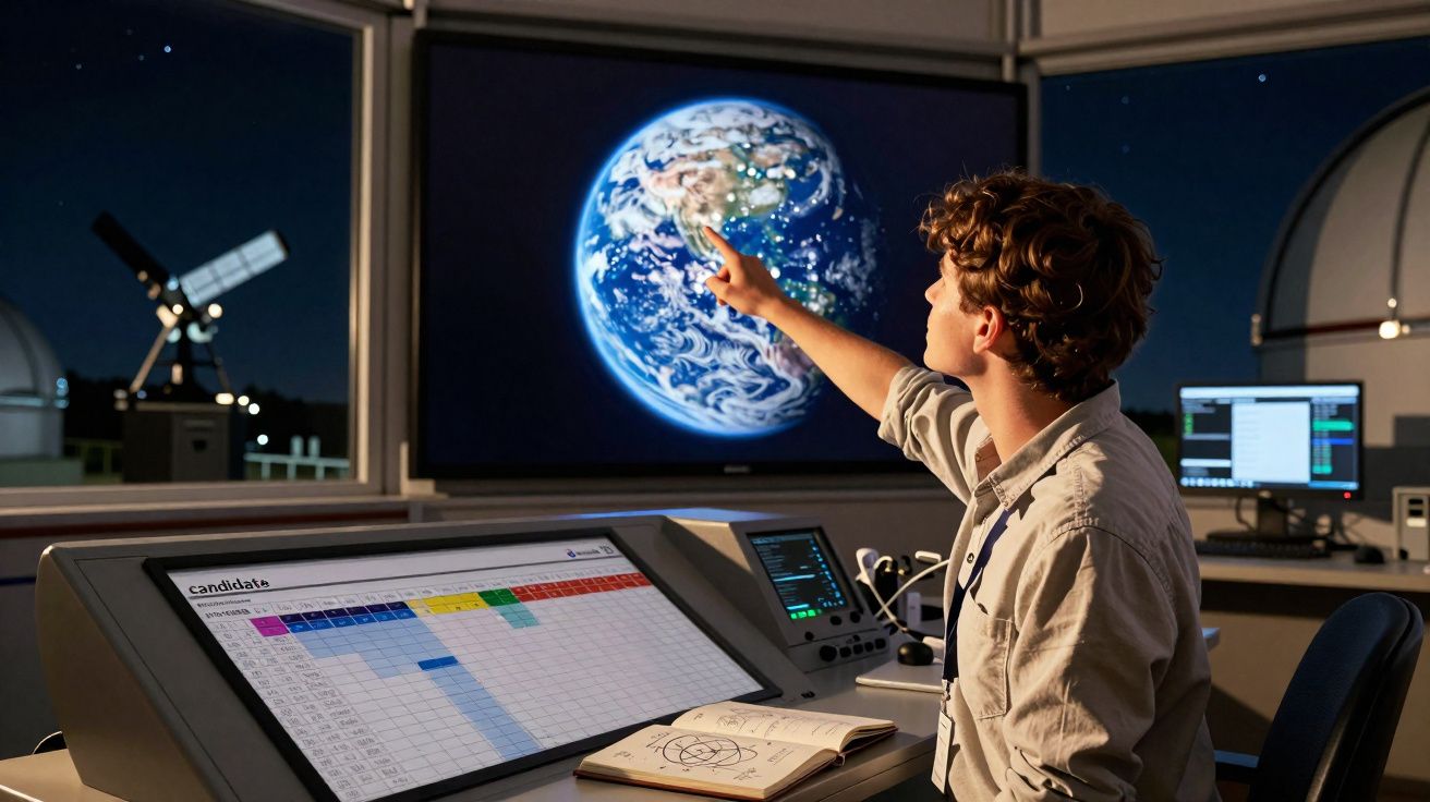 Pessoa a apontar para imagem da Terra num ecrã grande numa sala de controlo com equipamentos e um telescópio ao fundo.