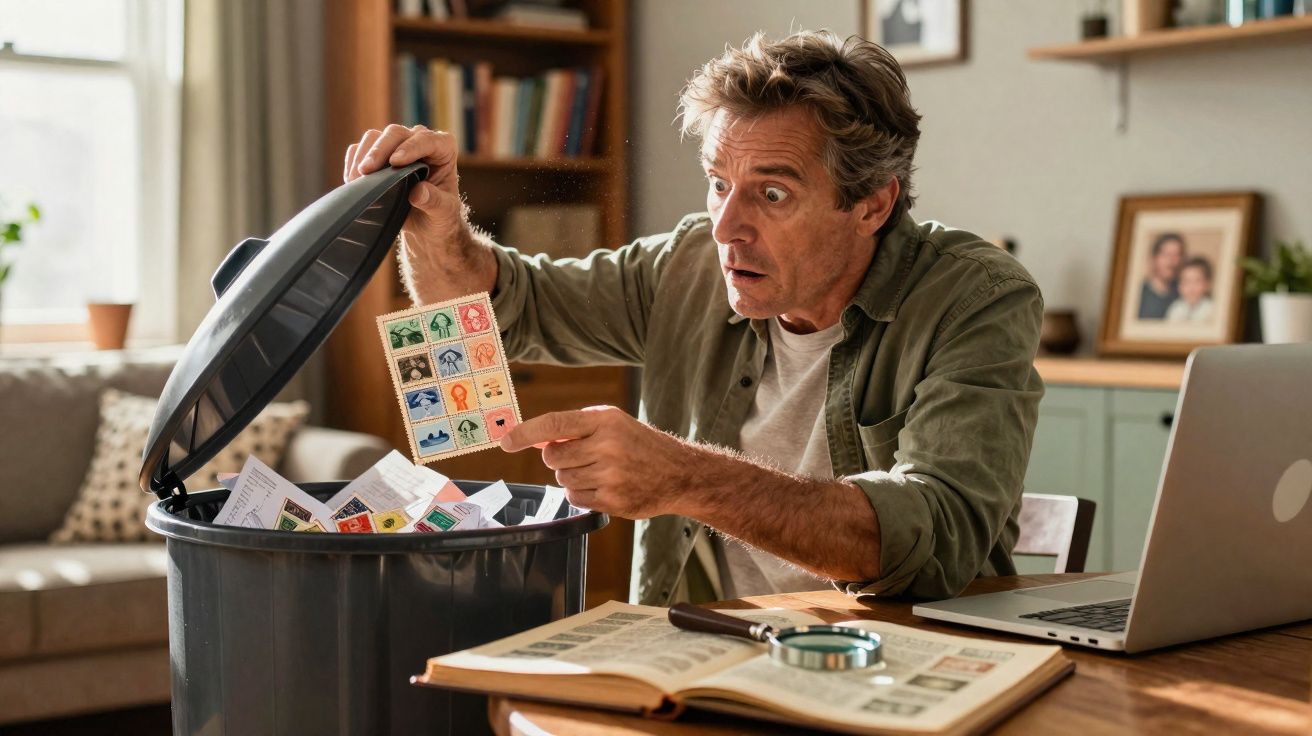 Homem surpreendido ao encontrar um álbum de selos no meio do lixo numa sala com mesa e computador.