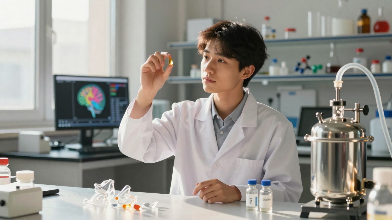 Cientista em laboratório observa cápsula amarela, computador com imagem de cérebro no fundo e equipamento científico ao lado.