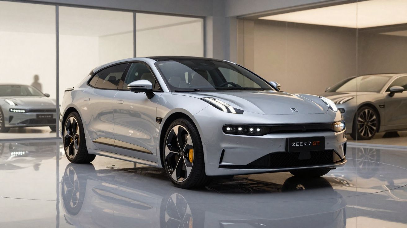 Carro elétrico cinza ZEEK 7 GT apresentado numa sala moderna com chão brilhante e paredes espelhadas.