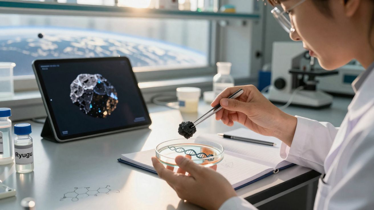 Cientista em laboratório a analisar amostra rochosa com pinça, perto de ecrã com imagem de asteroide Ryugu.