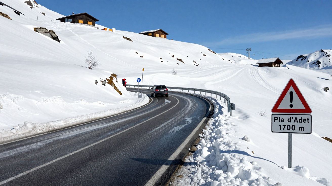 Estrada sinuosa e molhada em zona montanhosa coberta de neve com casas e sinal de trânsito a anunciar Pla d’Adet.