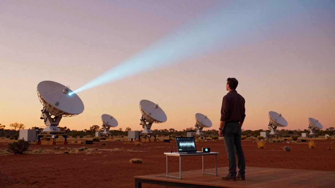 Homem observa antenas parabólicas a transmitir sinais no deserto ao pôr do sol.