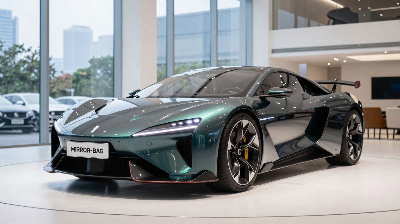 Carro desportivo verde escuro com design aerodinâmico em exposição numa sala moderna.