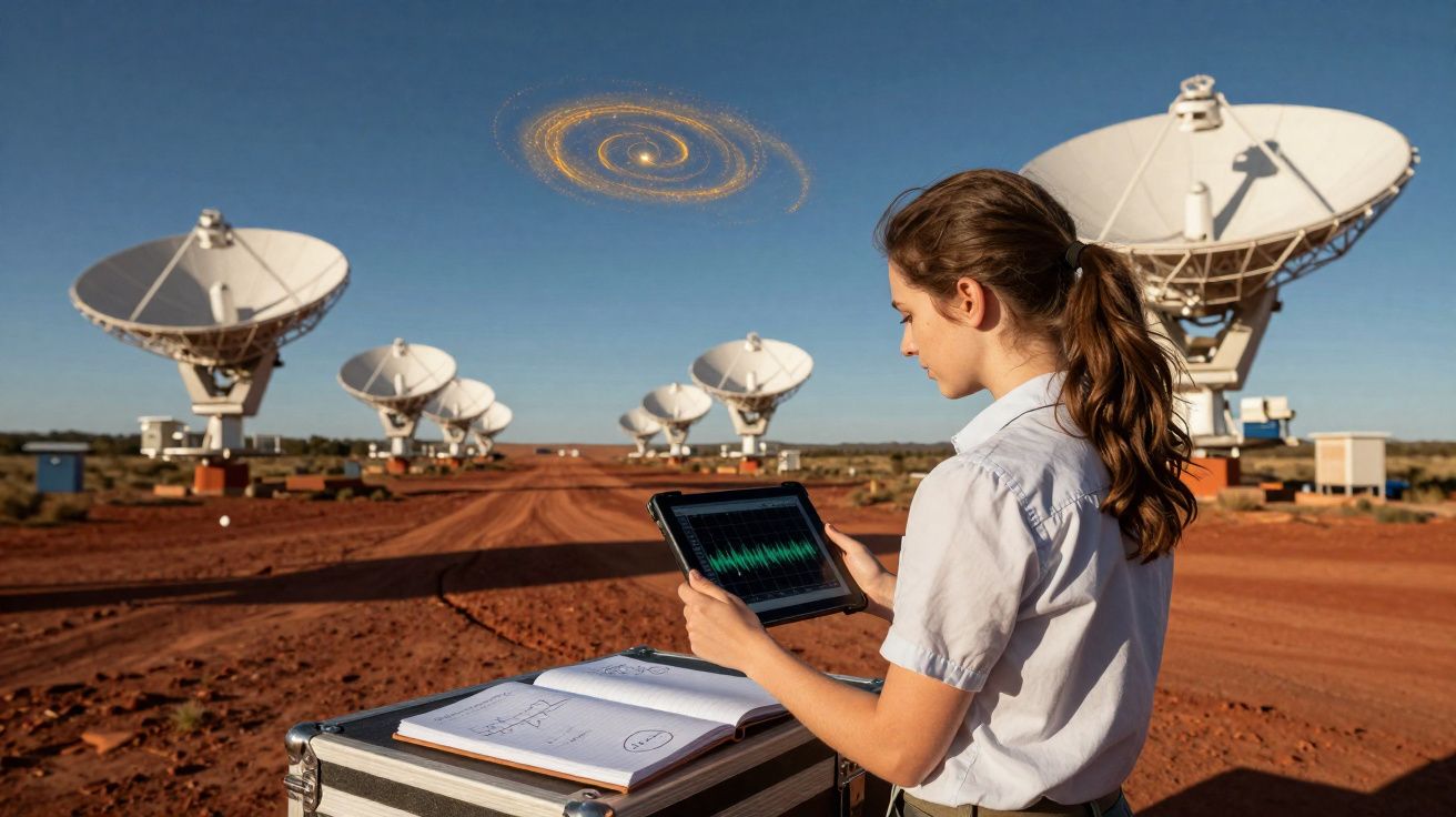 Mulher com tablet em estação de radiotelescópios, observando no céu uma galáxia espiral.
