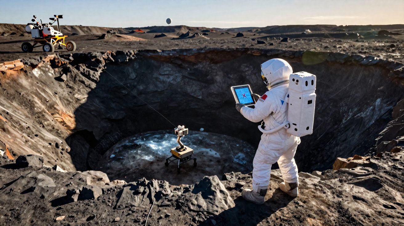 Astronauta com fato espacial usa tablet junto a cratera rochosa com robô e veículo lunar ao fundo.