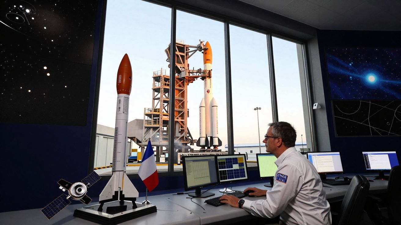 Homem num centro de controlo observa lançamento de foguetão através de janela ampla com modelos de foguetes na secretária.