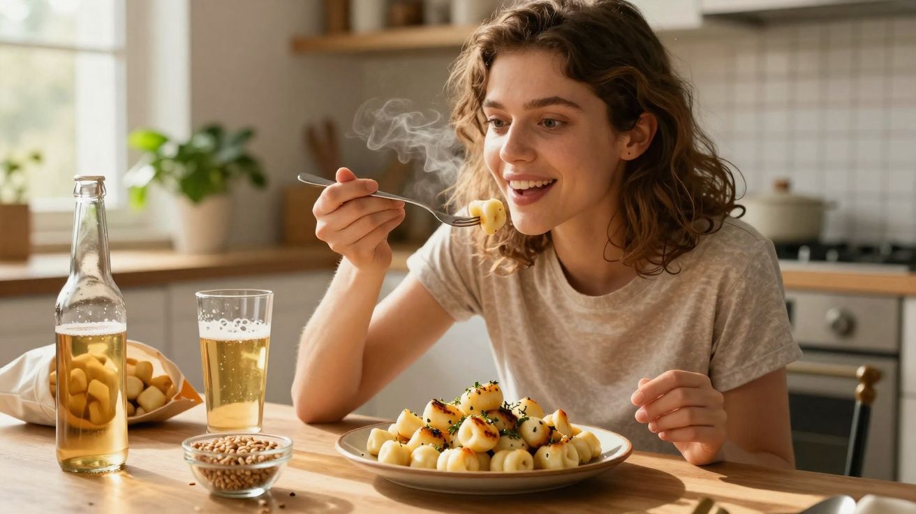 Mulher sorridente preparada para comer nhoque quente numa cozinha com bebida e petisco à mesa.