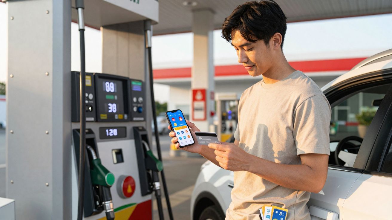 Homem numa bomba de gasolina a pagar com cartão e smartphone junto a um carro branco.