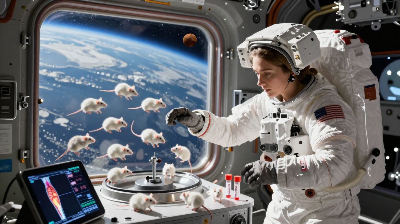 Astronauta em estação espacial a interagir com vários ratos brancos flutuantes junto a equipamentos científicos.